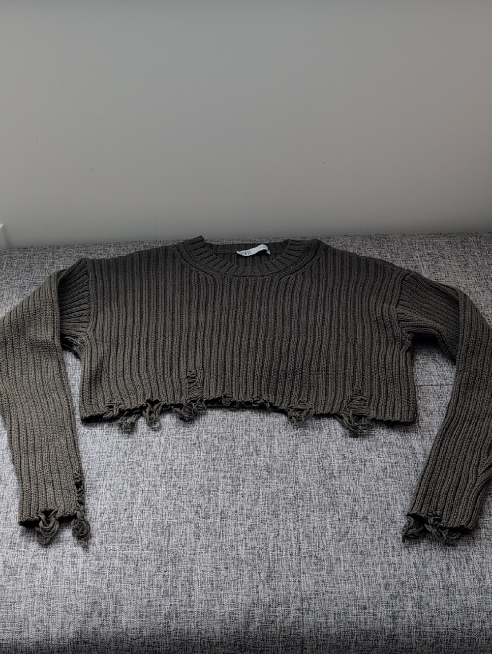 Zara Olive Green Cropped Distressed Ribbed Sweater